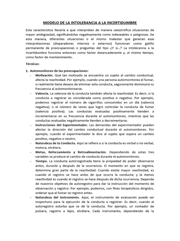 Intolerancia a la Incertidumbre y Técnicas de Automonitoreo | PDF ...