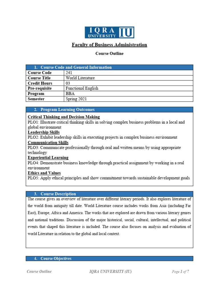 BBA - World Literature Course Outline | PDF | Lecture | Critical Thinking