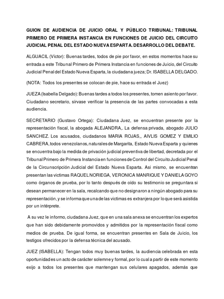 GUION DE AUDIENCIA DE JUICIO ORAL Y PÚBLICO TRIBUNAL | PDF | Fiscal ...