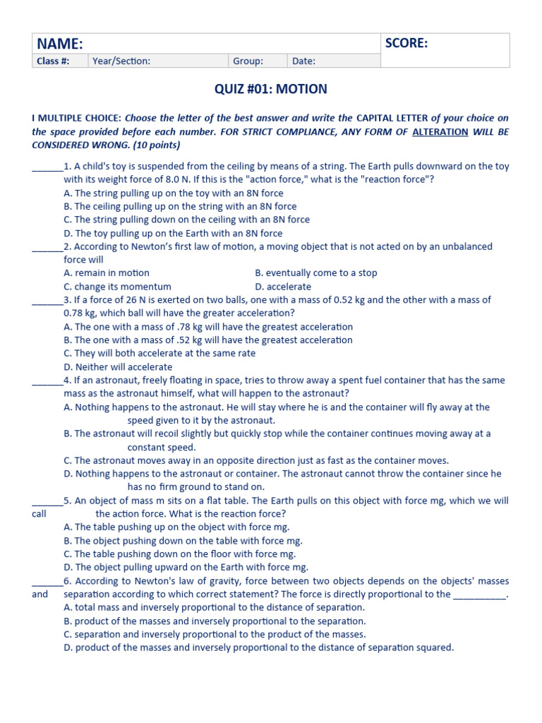 Science 8 Quiz #01 Motion | PDF | Force | Gravity
