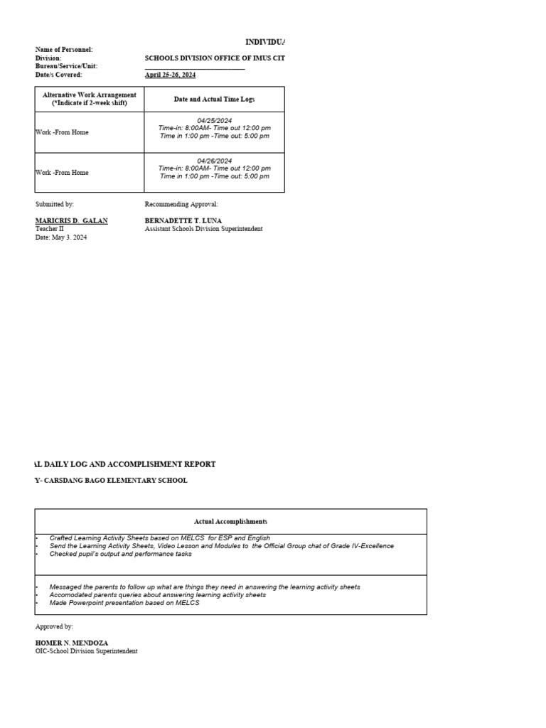 AWA Report Workweek Plan Accomplishment April 25 26 GALAN | PDF ...