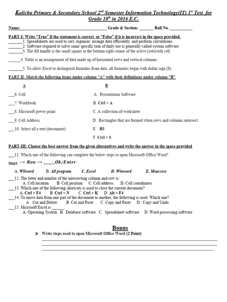 Grade 10 IT Test 2016 E.C. | PDF | Microsoft Excel | Spreadsheet