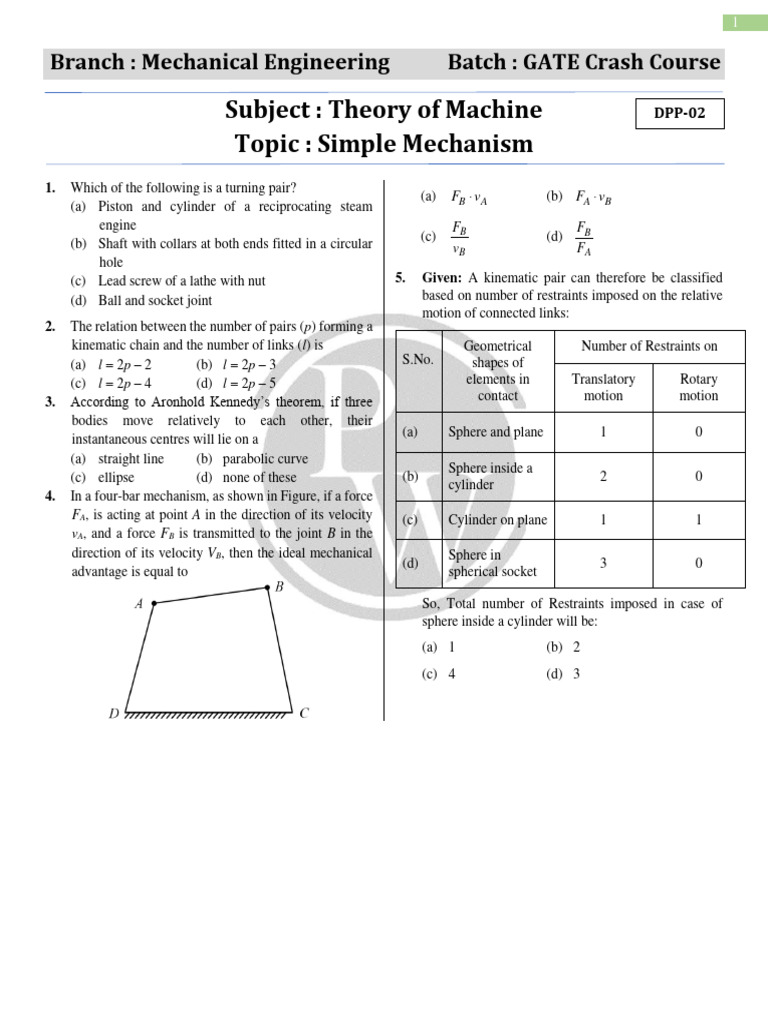 Simple Mechanism DPP02 GATE Crash Course 2023 Mechanical PDF Kinematics Sphere