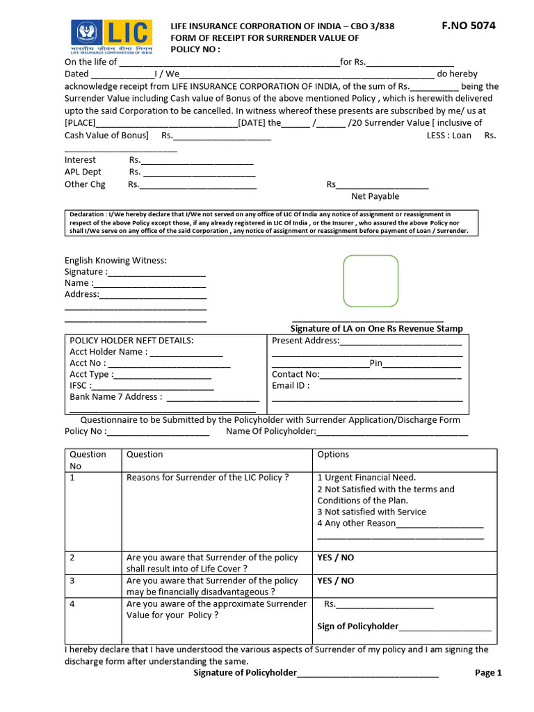 Lic surrender form no 5074 original pdf insurance life insurance