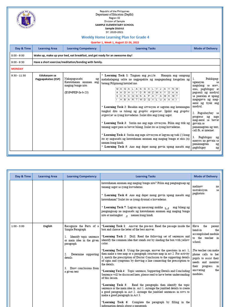 Grade 4 Weekly Learning Plan: Week 1 | PDF