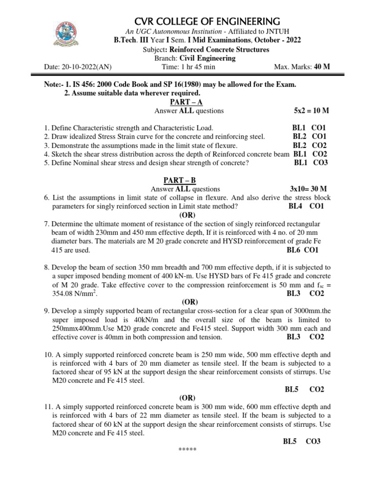 RCS Exam Paper: Reinforced Concrete Design | PDF | Reinforced Concrete ...