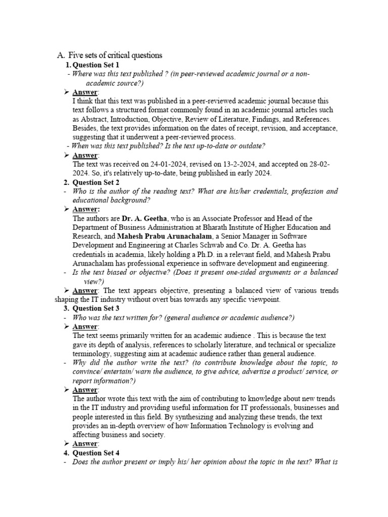 Five Sets of Critical Questions | PDF | Knowledge | Credibility