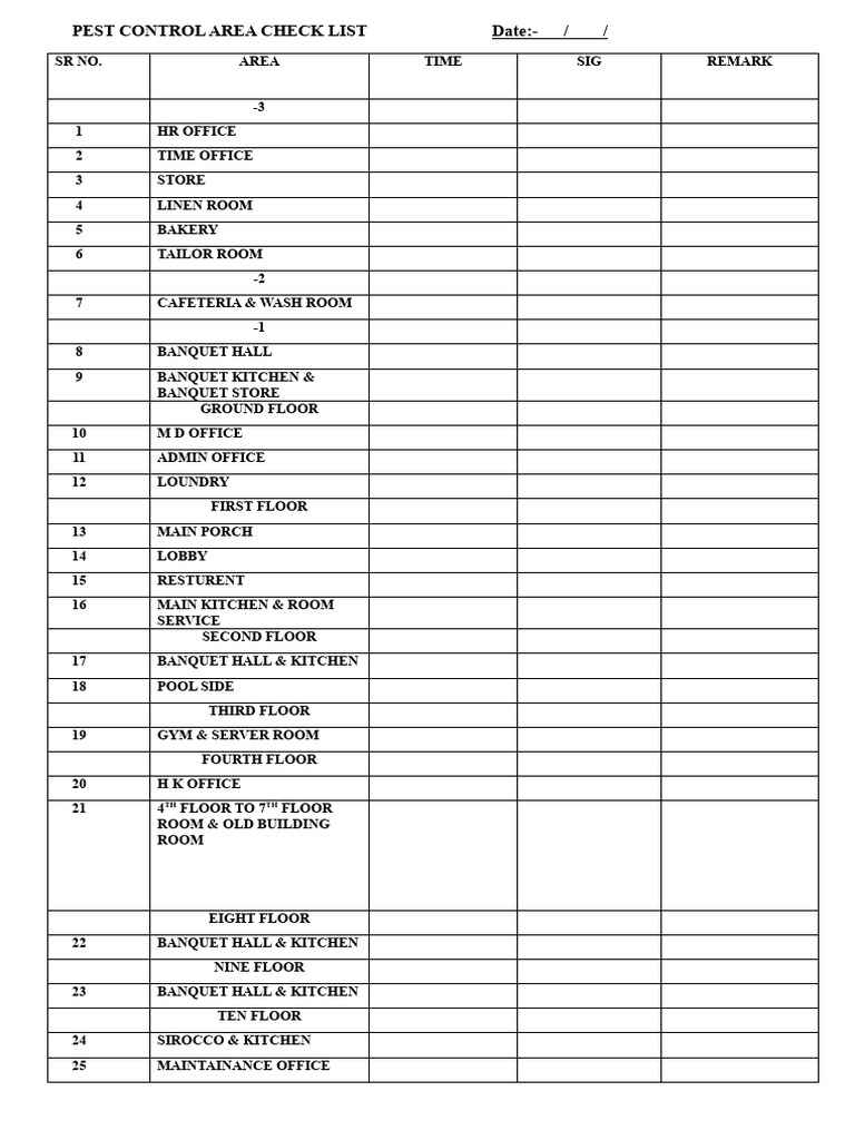 Pest control area check list date pdf