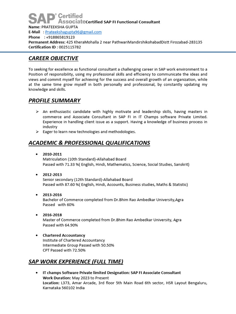 Certified SAP FI Consultant Resume | PDF | Depreciation | Consultant