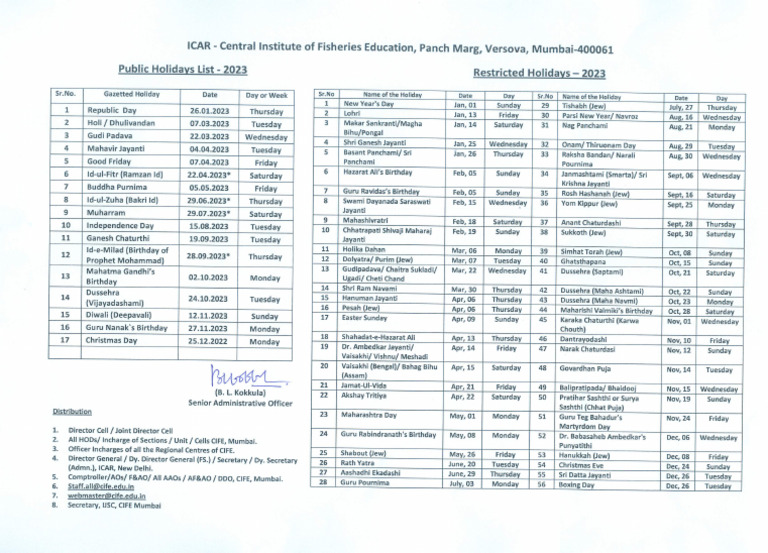 CIFE Mumbai Holiday List - 2023 - 13-12-2022 | PDF