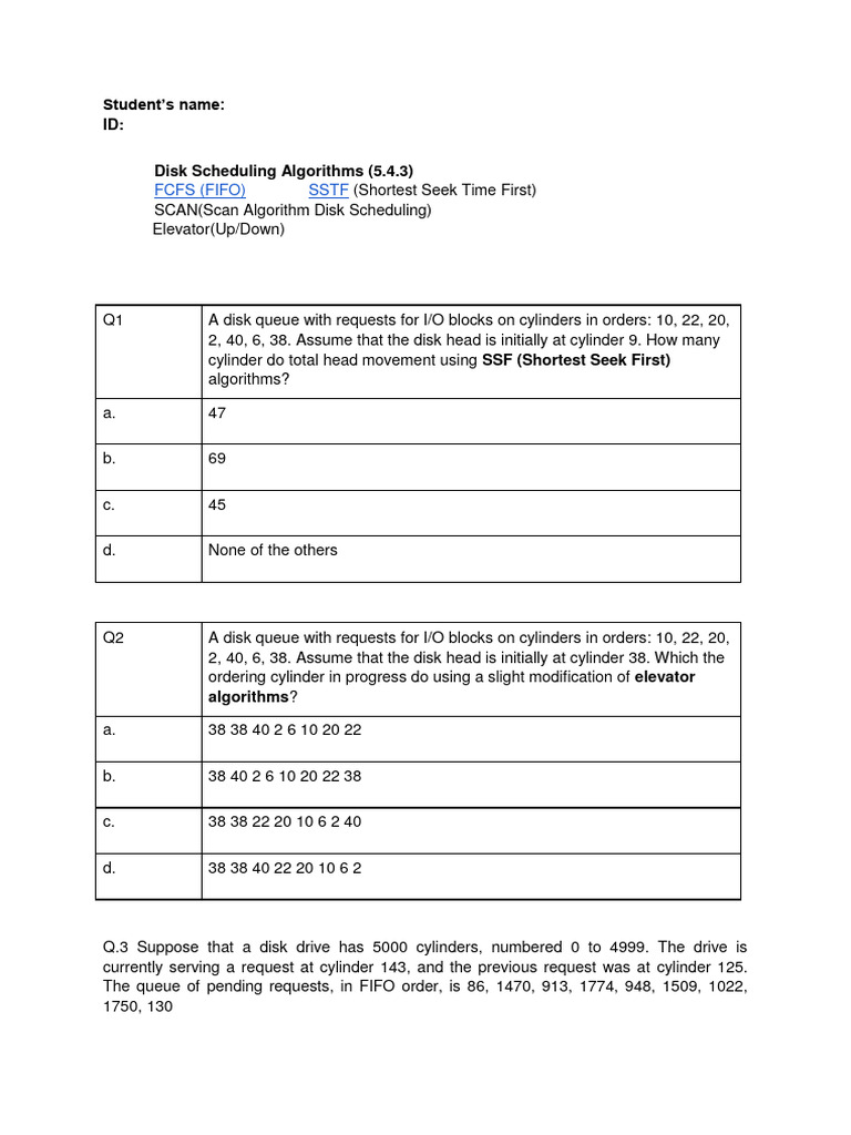 Disk Scheduling Algorithms Quiz | PDF