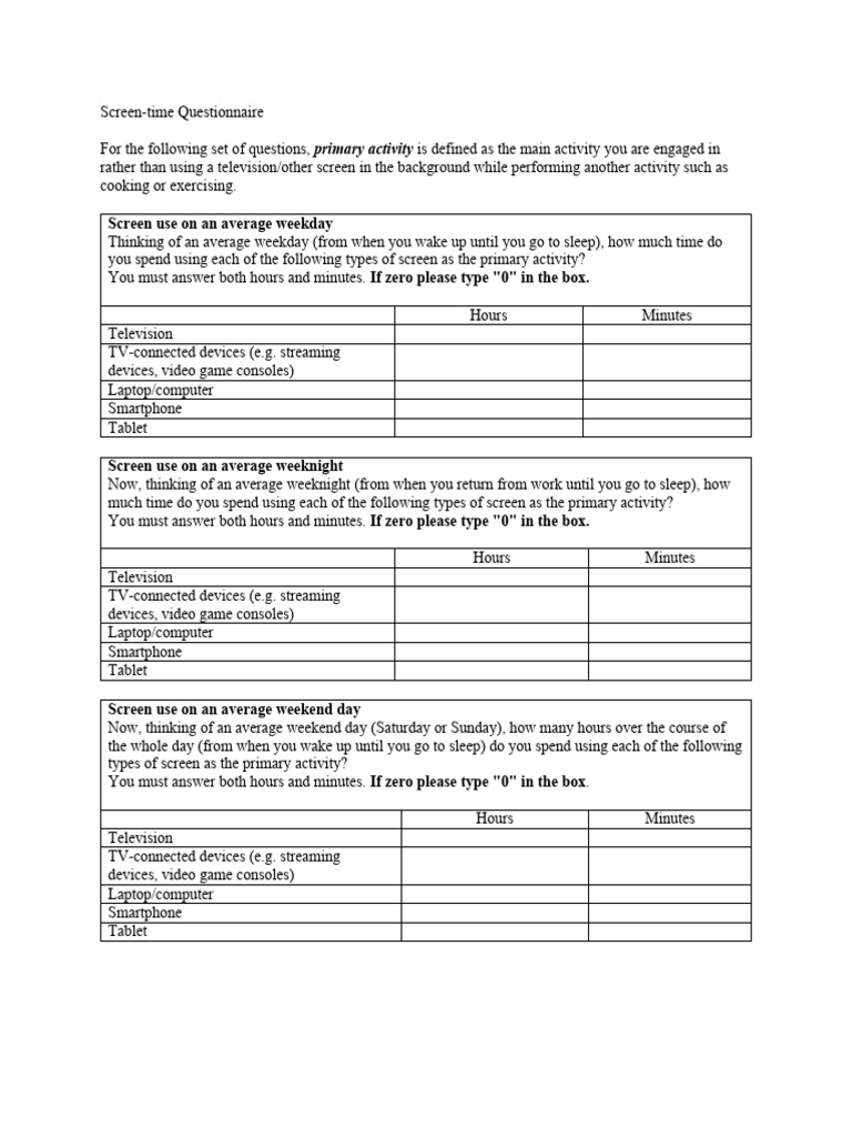 Screen-Time Usage Questionnaire | PDF | Workweek And Weekend | Computing
