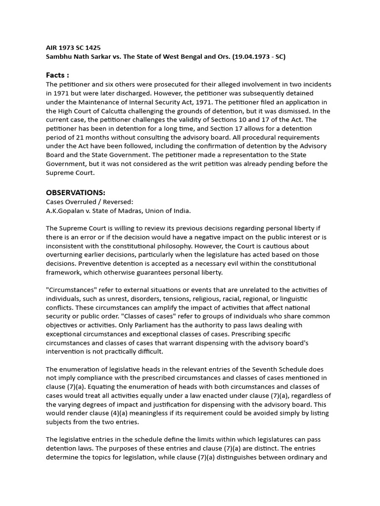 Cases On Preventive Detention Pdf Detention Imprisonment Justice