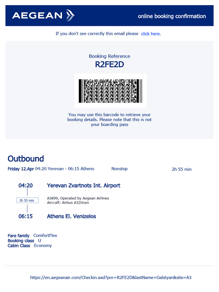 AEGEAN AIRLINES SA Booking Confirmation | PDF | Civil Aviation | Aviation