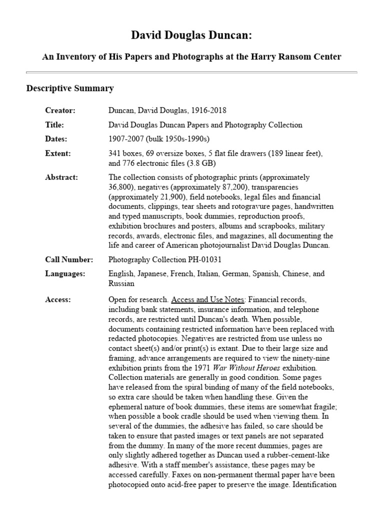 David Douglas Duncan: An Inventory of His Papers and Photographs at the ...