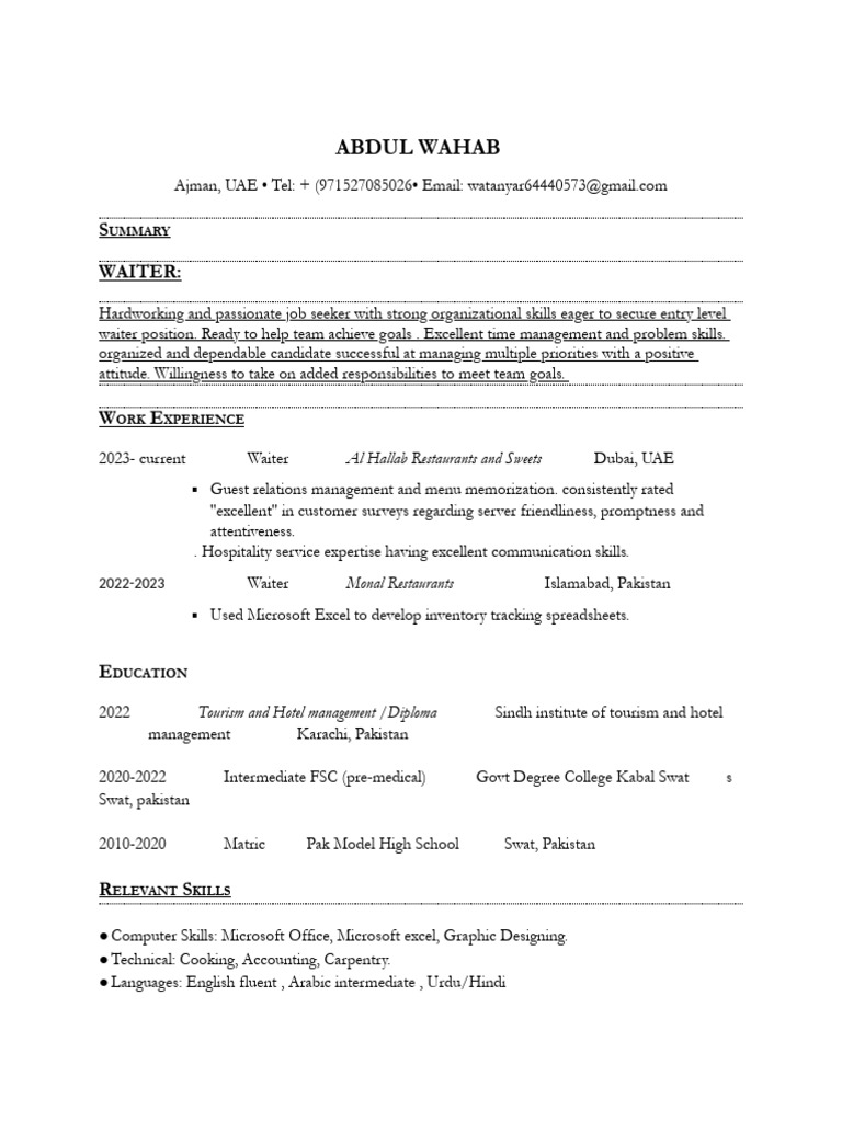 Entry-Level Waiter Resume - UAE | PDF