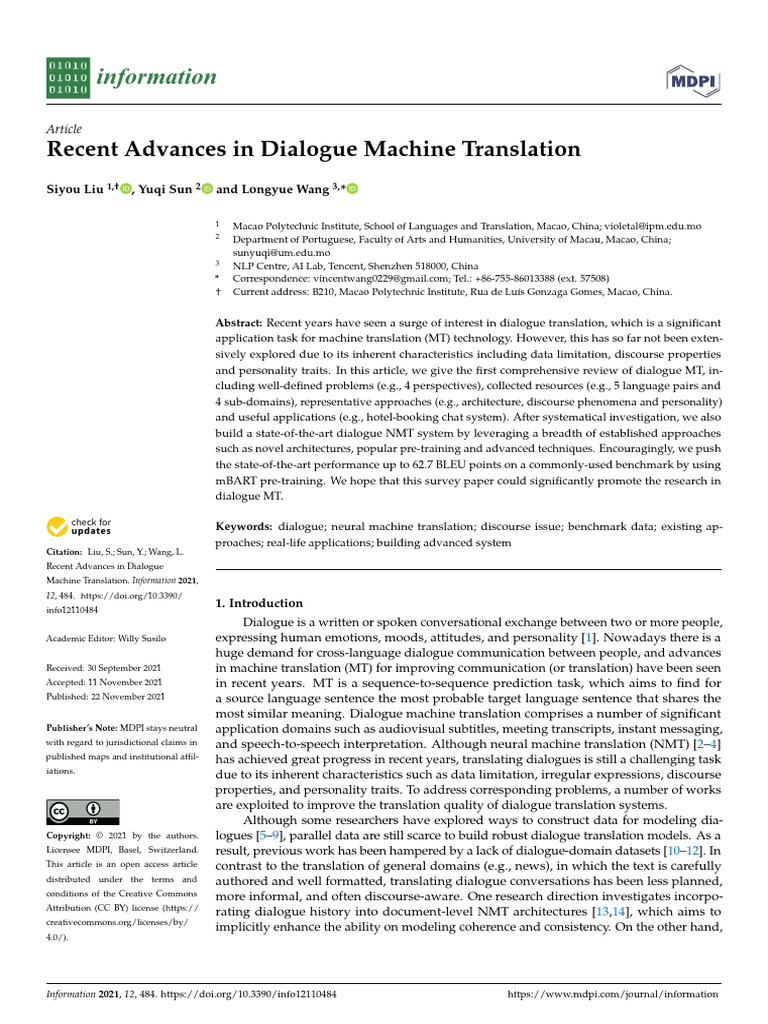 Recent Advances in Dialogue Machine Translation | PDF | Cognitive ...