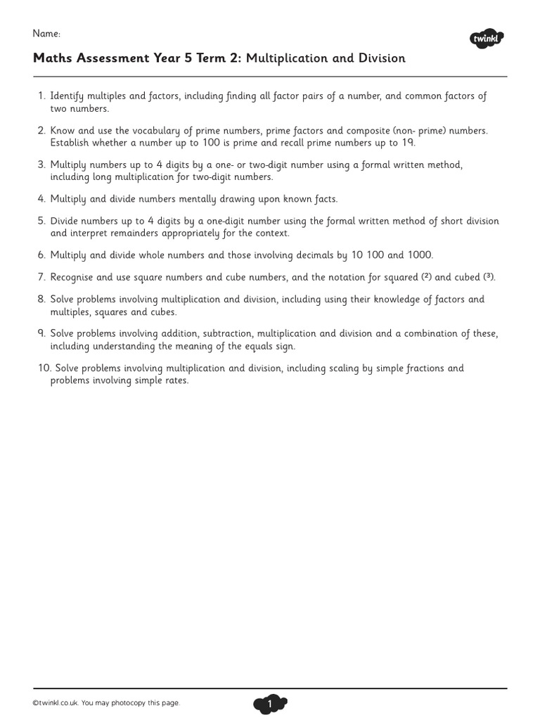 Year 5 multiplication and division maths assessment pdf