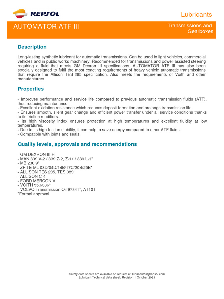 Repsol Automator ATF III Overview | PDF | Liquids | Mechanical Engineering
