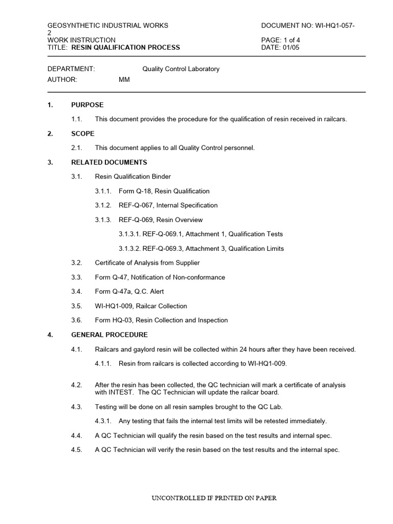GIW WI-HQ1-057 - Resin Qualification Process | PDF | Business