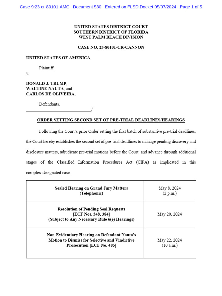 Case No. 23-80101-Cr-Cannon Order Setting Second Set of Pre-Trial ...