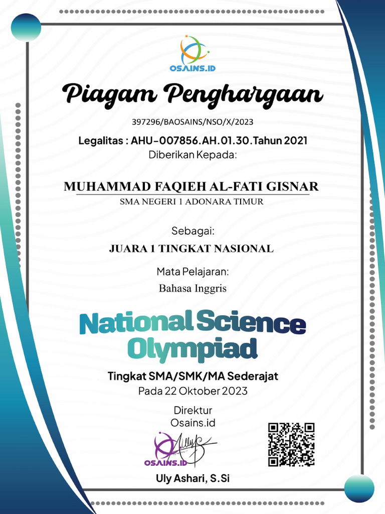 piagam bahasa inggris NSO juara 1 | PDF