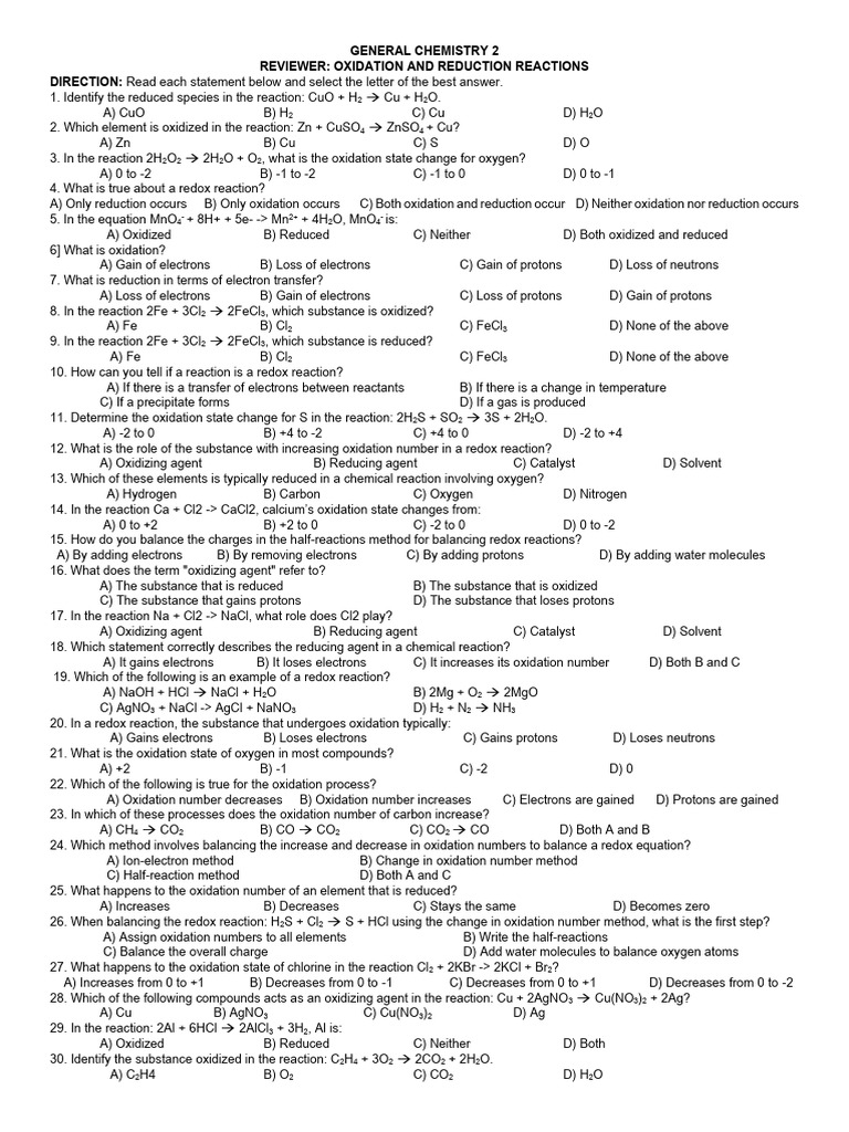 Redox Reactions Review Questions | PDF | Redox | Chemical Reactions