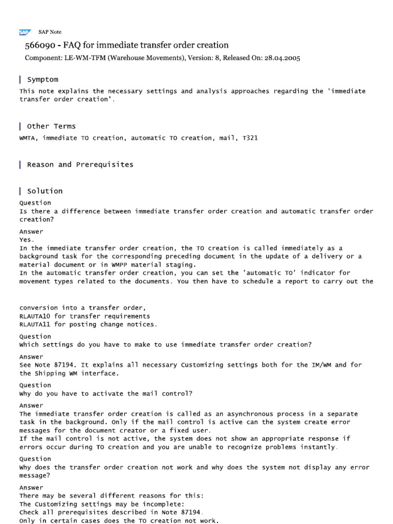 FAQ For Immediate Transfer Order Creation | PDF