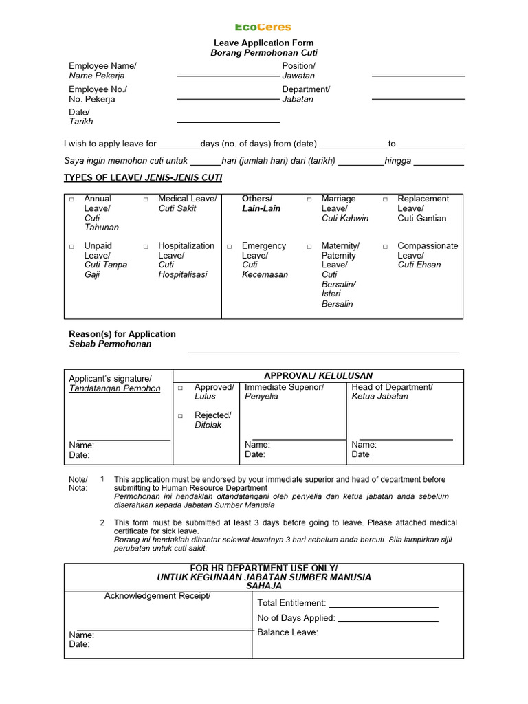 EC MY F HR 23008 Leave Application Form | PDF | Leave Of Absence ...