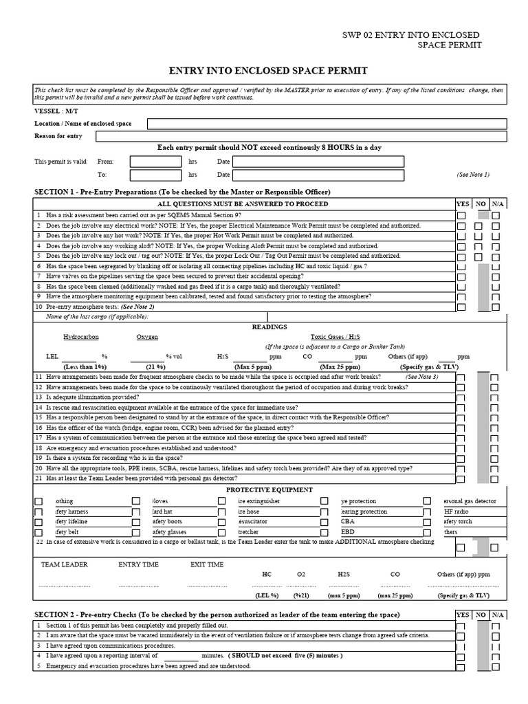 SWP 02 Entry Into Enclosed Space Permit | PDF | Personal Protective ...