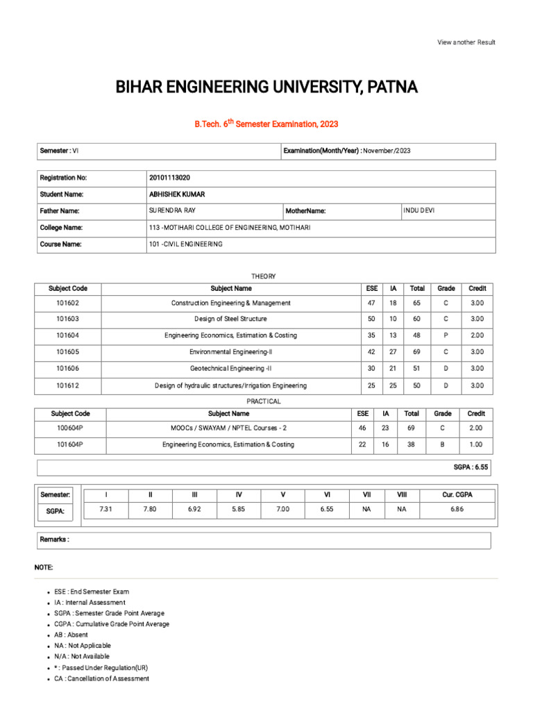 BEU B.Tech 6th Sem Result 2023 | PDF | Engineering