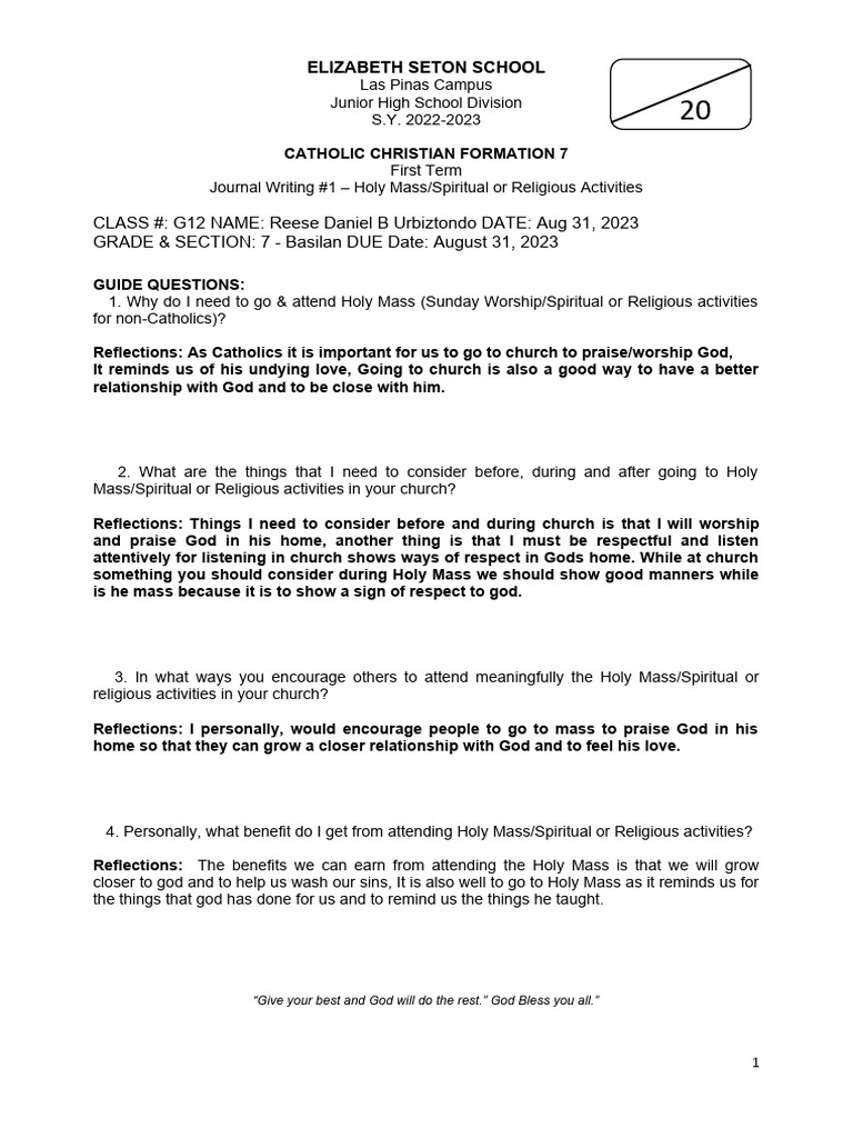 Catholic Christian Faith Journal Writing (Answered) | PDF