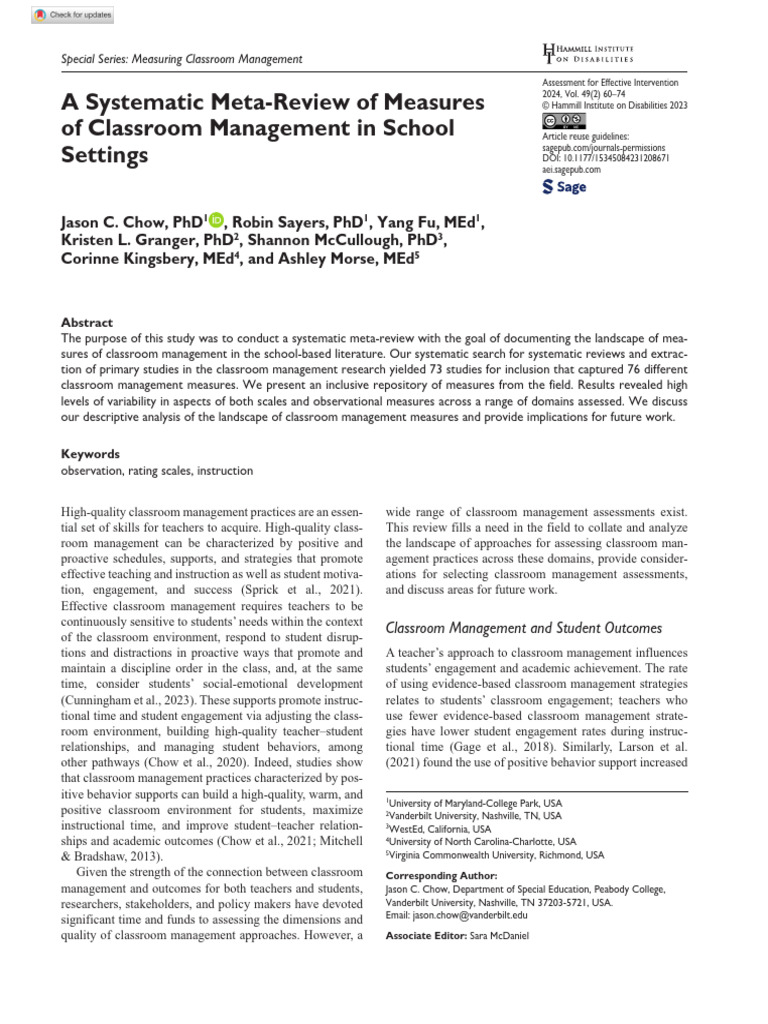 Chow Et Al 2023 A Systematic Meta Review of Measures of Classroom ...