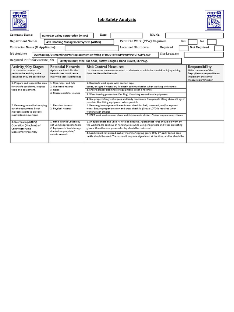 Job Safety AnalysisOverhauling Dismantling and Fitting of BA OTP AWP ...