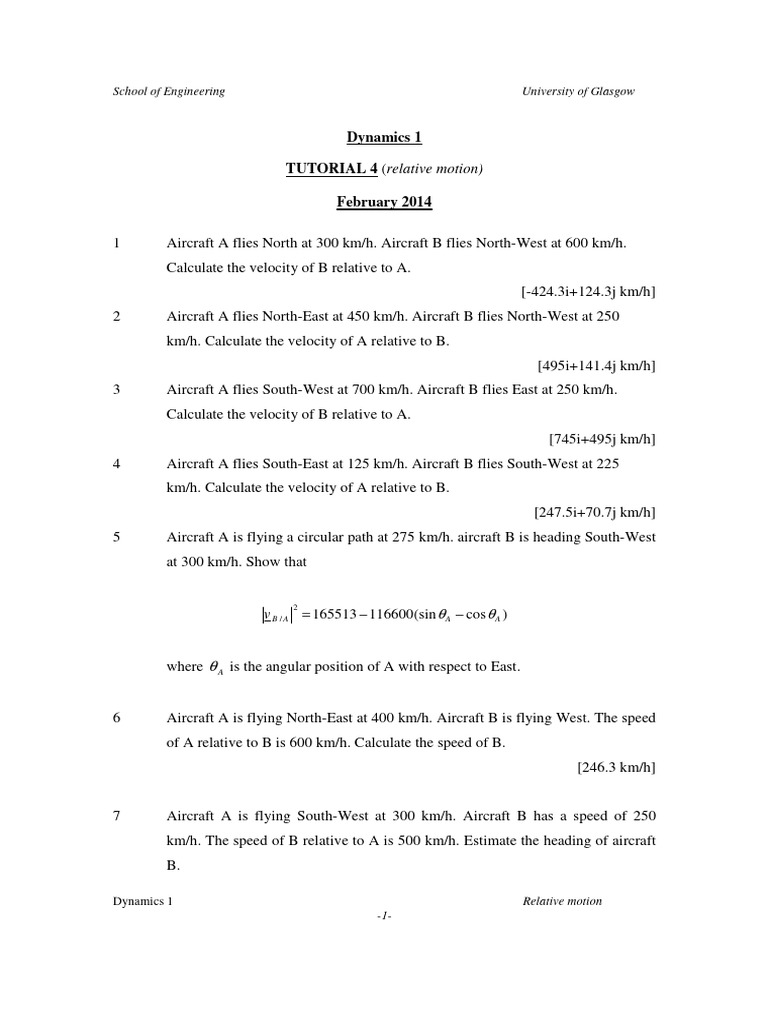 Tuto A3 Relative Motion Tutorial 1 Pdf Velocity Classical Mechanics