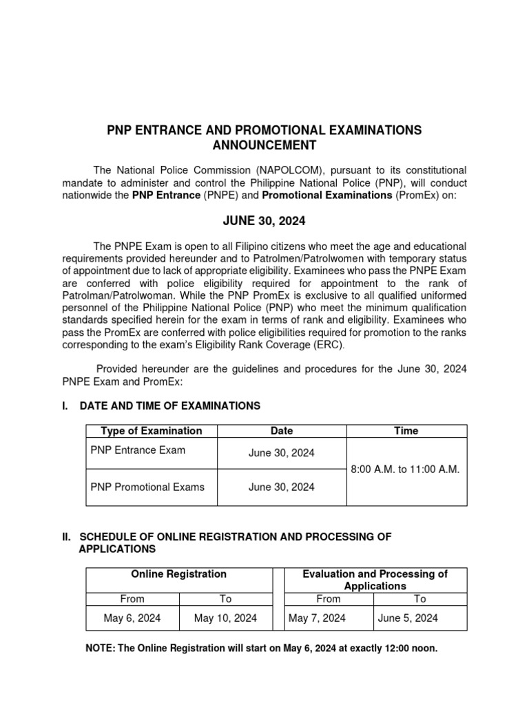 PNP Exam Announcement June 2024 | PDF | Identity Document | Police