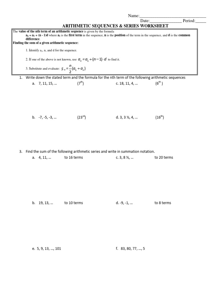 WORKSHEET - Arithmetic Sequence & Series Word Problems | Download Free ...