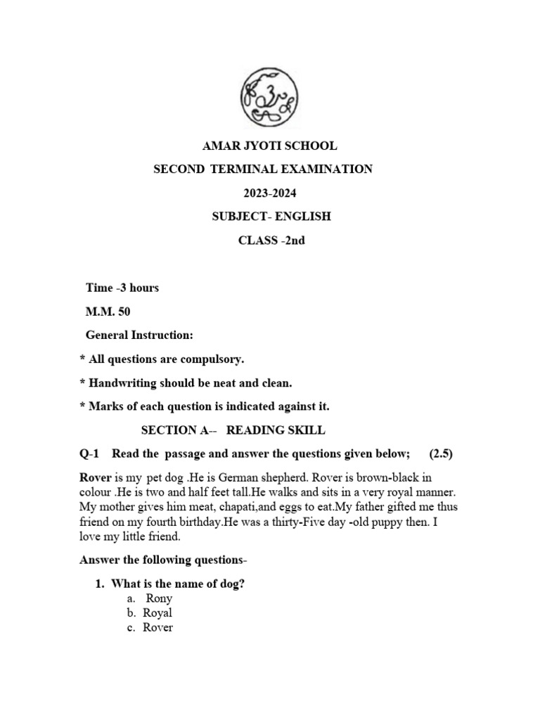 Class 2 English Second Term Exam 2023 | PDF | Grammatical Gender ...