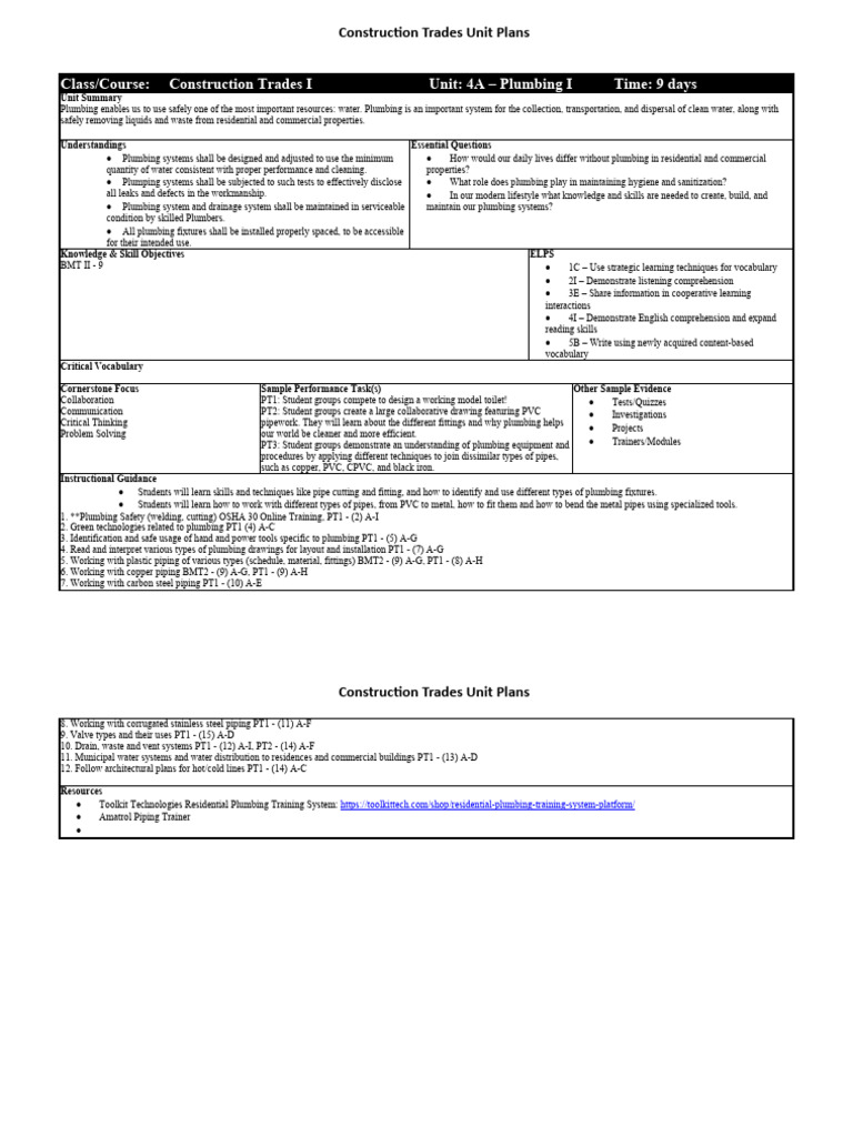 Construction Trades I Unit Plan4A Plumbing I | PDF | Plumbing