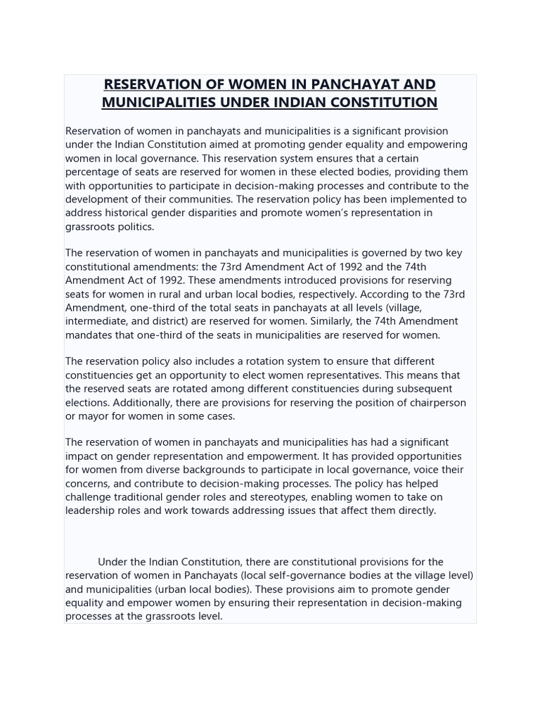 Reservation Of Women In Panchayat And Municipalities Under Indian