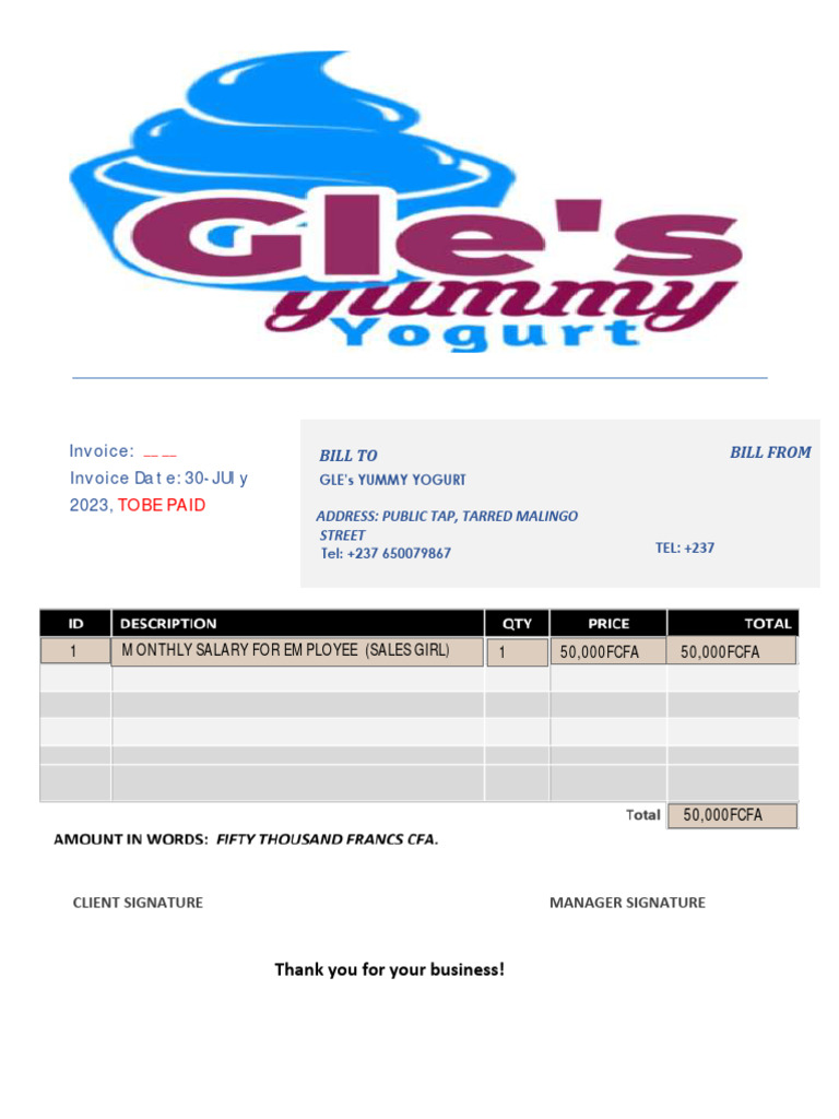 Invoice for GLE's Yummy Yogurt | PDF