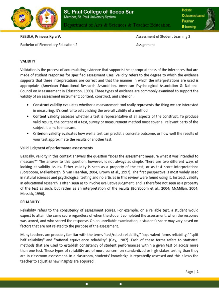 Validity and Reliability in Assessments | PDF | Educational Assessment ...
