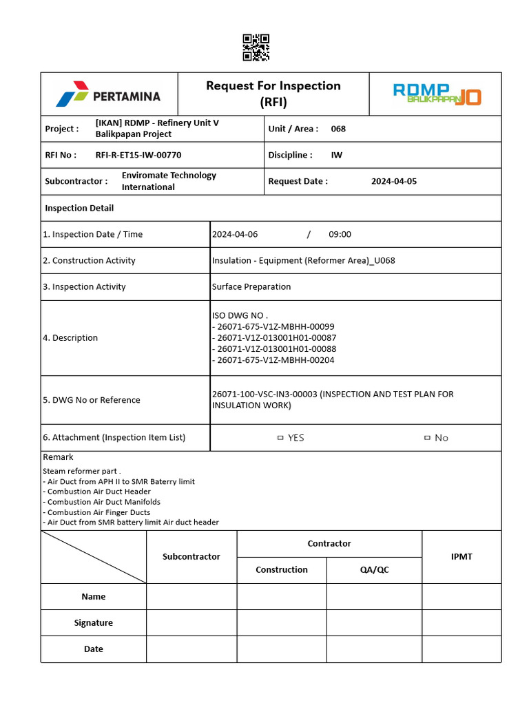Inspection Report for Insulation Work | PDF | Duct (Flow)