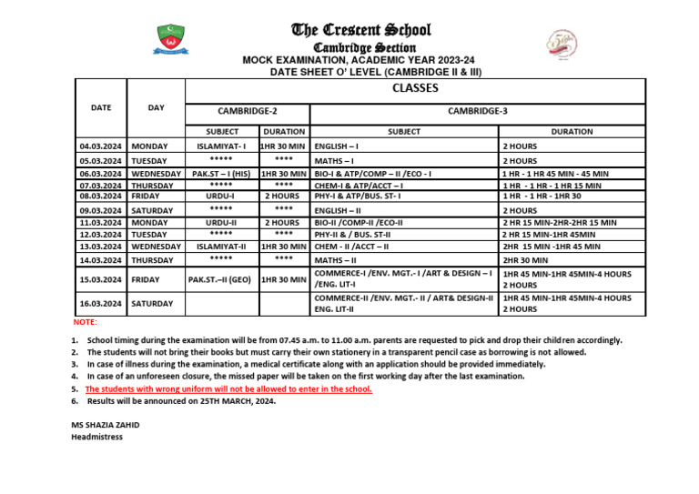 2024 O' Level Mock Exam Schedule | PDF