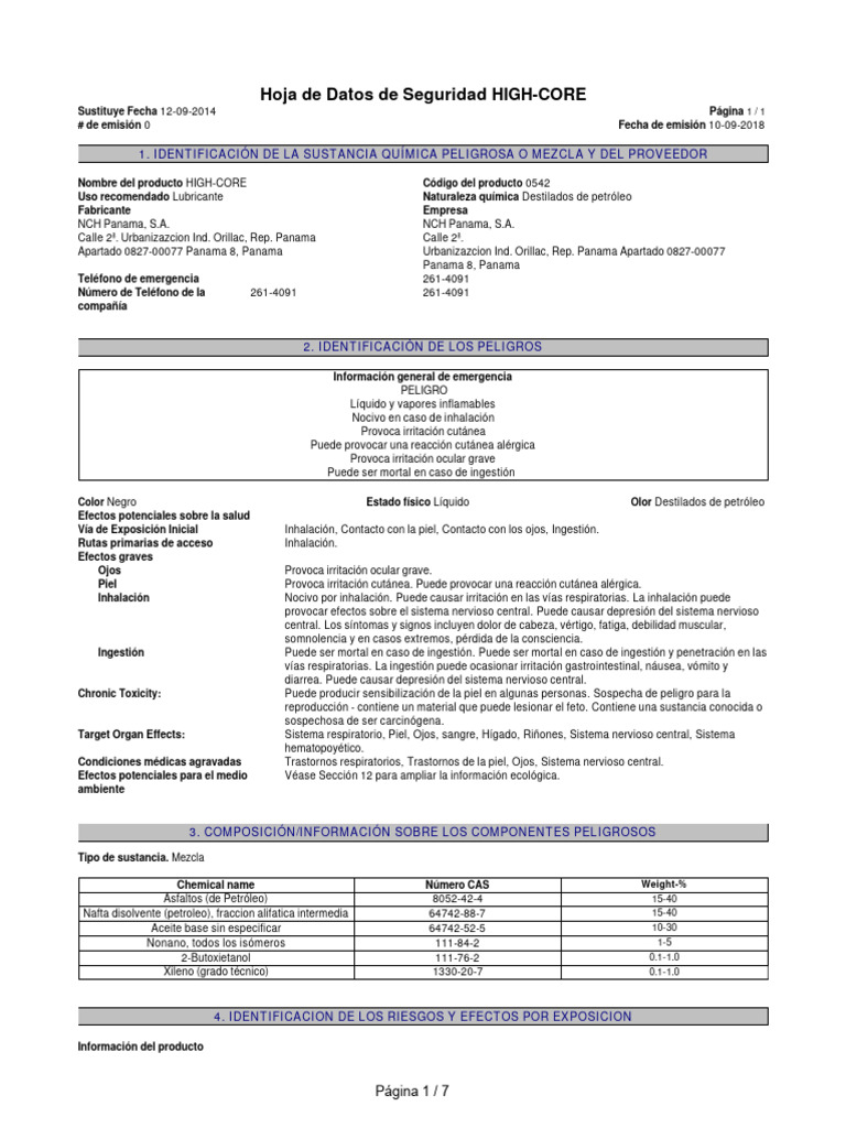 Hoja de Seguridad del Lubricante HIGH-CORE | PDF