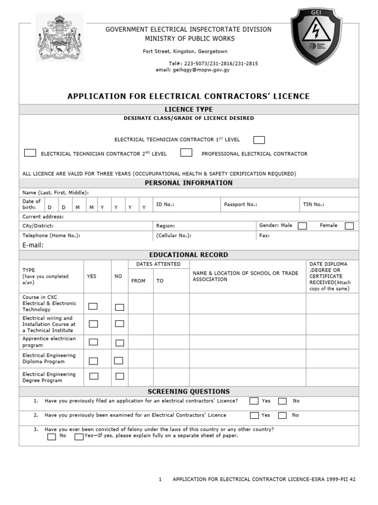 Electrical Contractor Licence Application | PDF | Electrician