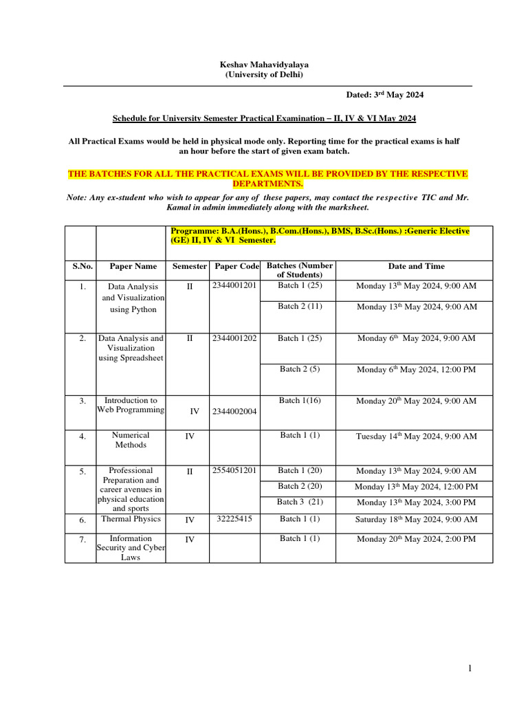 University Semester Practical Exam Schedule May 2024 - 8th May 2024 ...