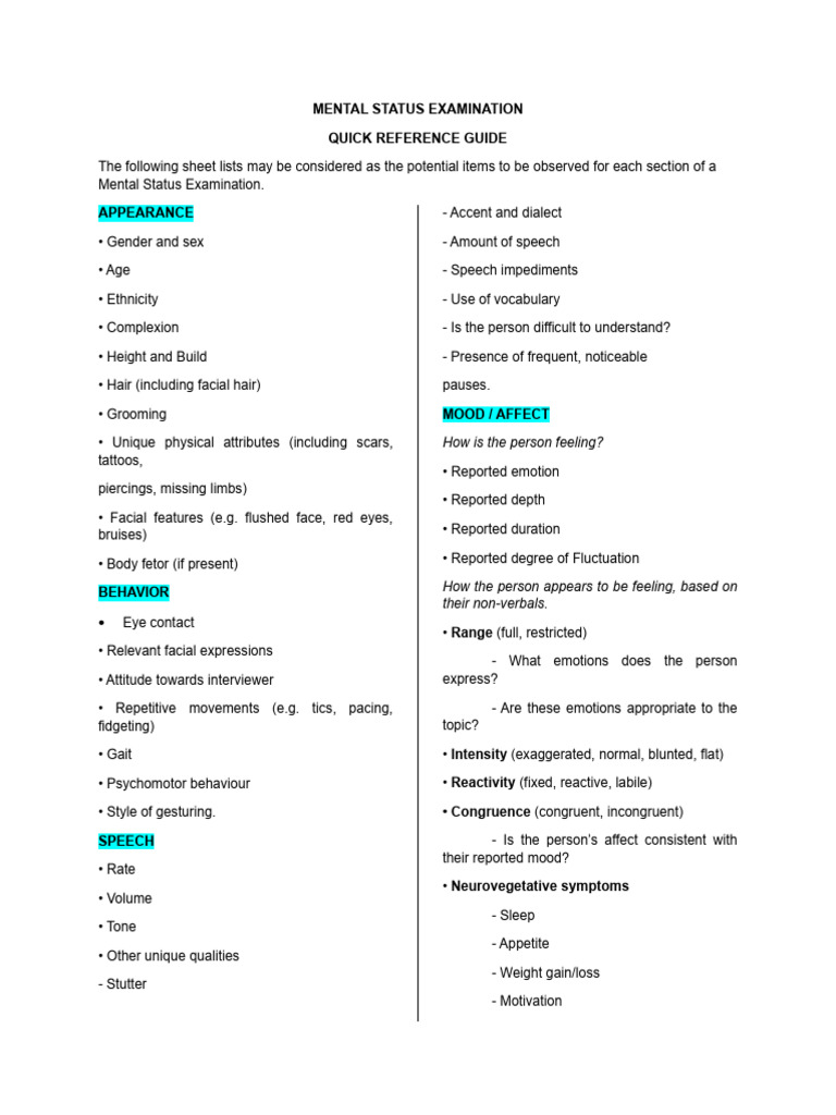 Mental Status Examination Guide | PDF | Hallucination | Perception