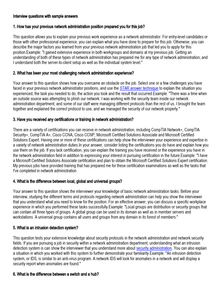 Essential Network Administrator Interview Questions | PDF | Computer ...