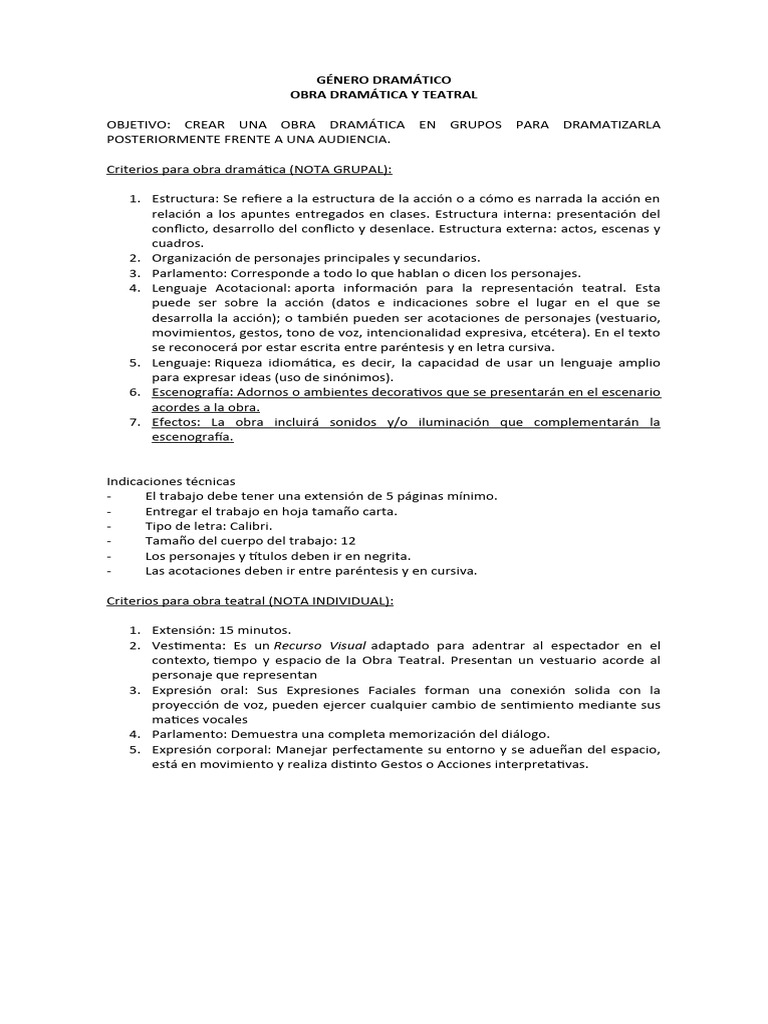 INSTRUCCIONES PARA Obra Dramática y Teatral | PDF